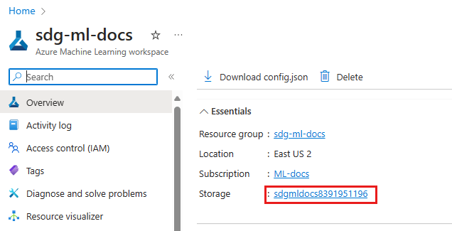 Captura de pantalla que muestra el vínculo para el almacenamiento en Azure Portal.