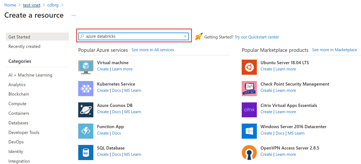 Captura de pantalla que muestra una búsqueda de Azure Databricks.