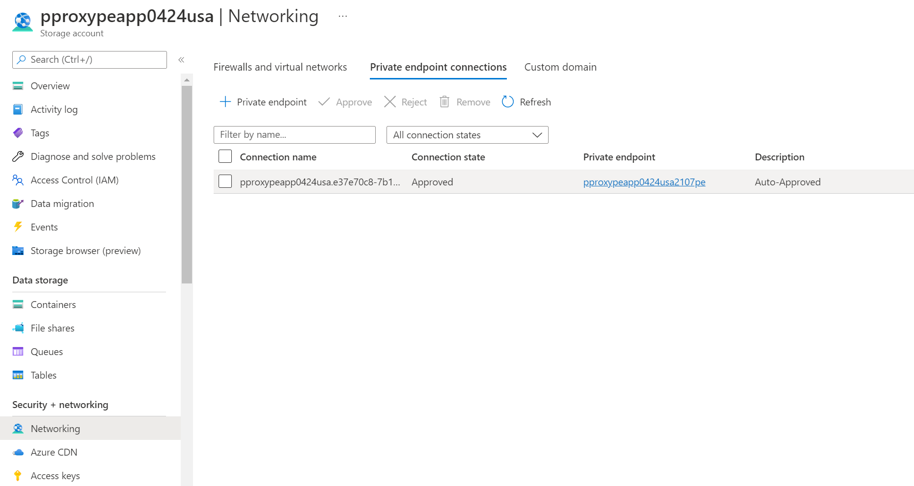 Captura de pantalla de las conexiones del punto de conexión privado.