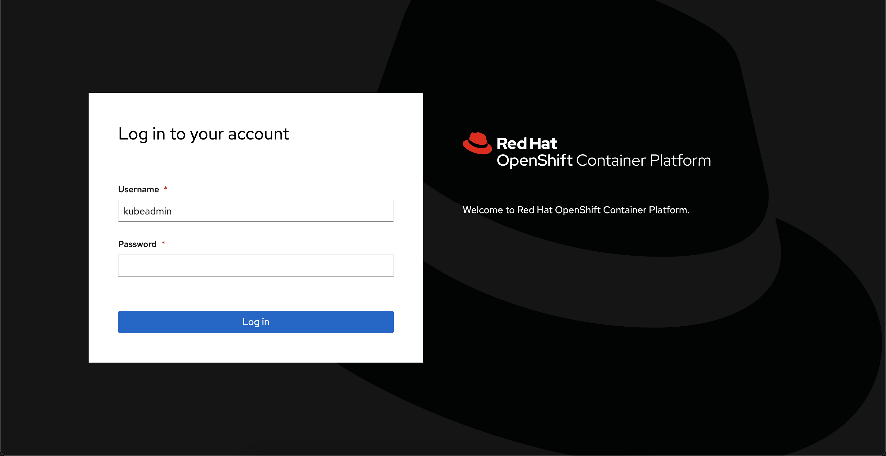 Captura de pantalla que muestra la pantalla de inicio de sesión de Red Hat OpenShift en Azure