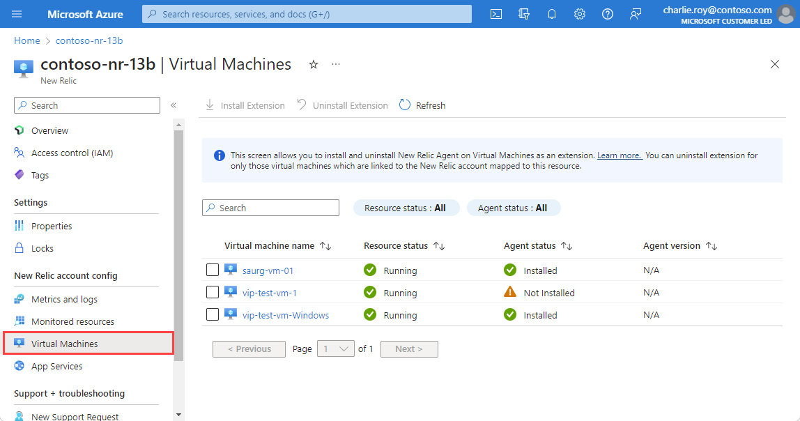 Captura de pantalla que muestra máquinas virtuales para un recurso de New Relic.