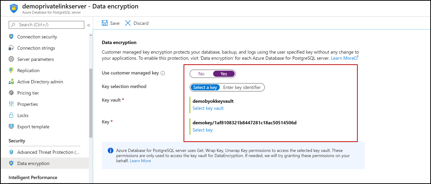 Captura de pantalla de Azure Database for PostgreSQL, con las opciones de cifrado de datos resaltadas