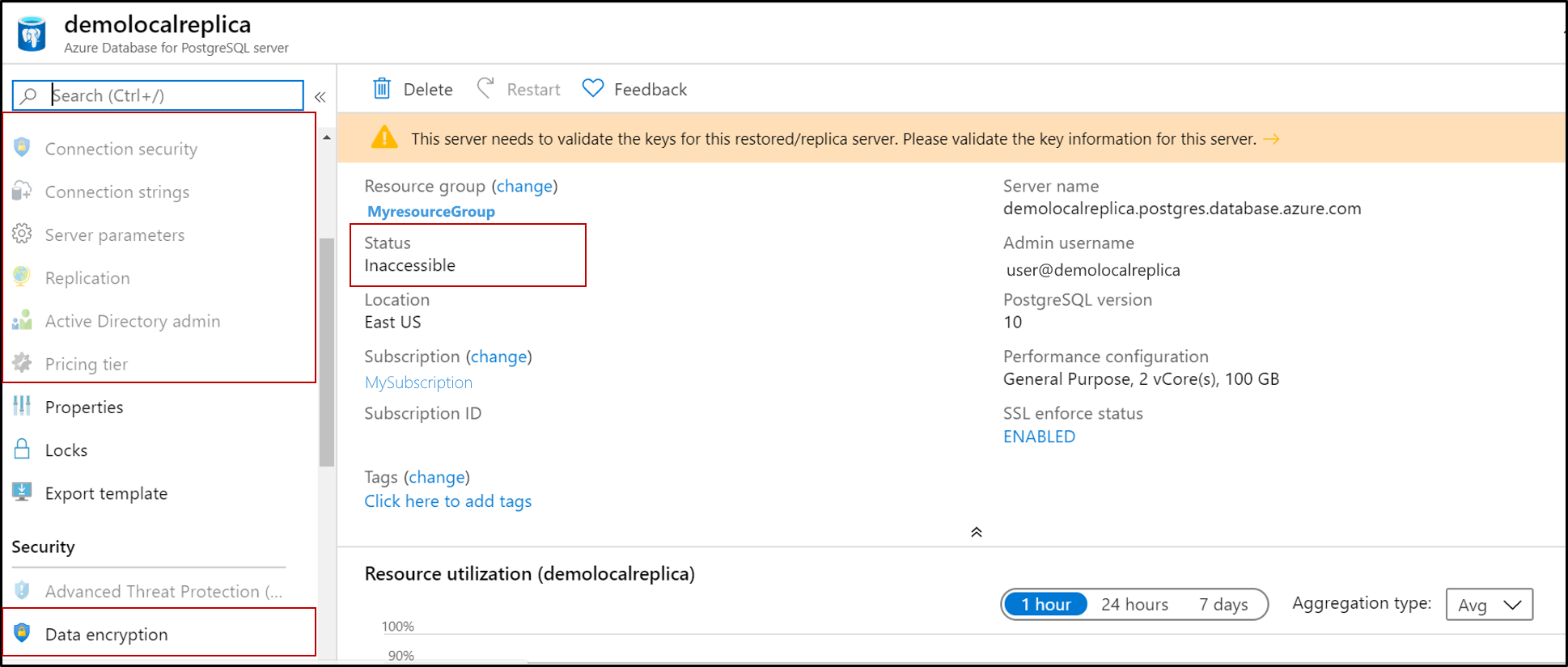 Captura de pantalla de Azure Database for PostgreSQL, con estado Inaccesible resaltado