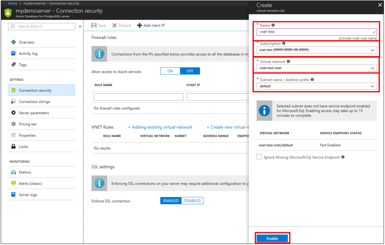 Azure Portal: configuración de red virtual