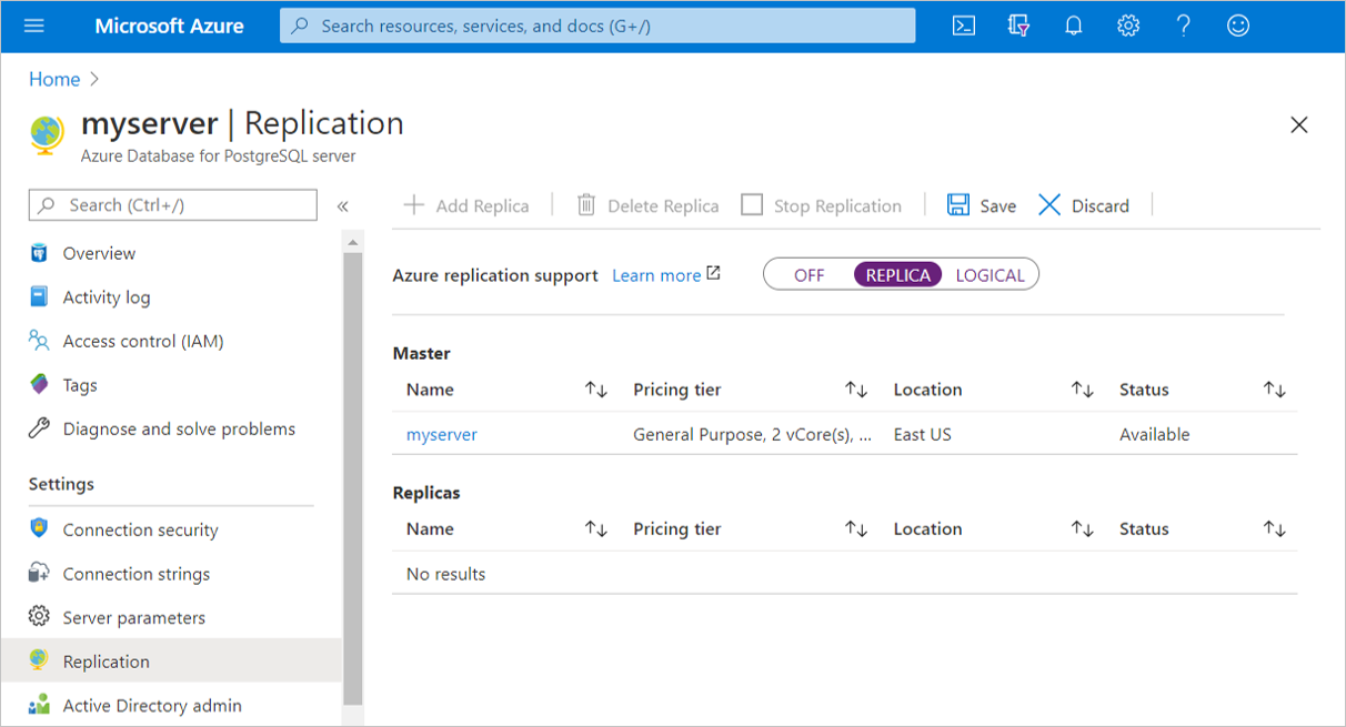 Réplica de Azure Database for PostgreSQL: establecer réplica y guardarla