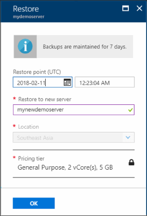 Azure Portal: opciones del formulario de restauración