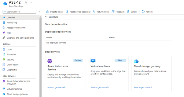 Captura de pantalla del recurso Azure Stack Edge en Azure Portal. Azure Kubernetes Service (versión preliminar) se muestra en ”Servicios perimetrales” en el menú de la izquierda.