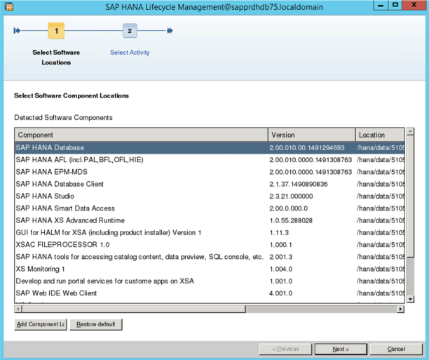 Captura de la pantalla de administración del ciclo de vida de SAP HANA, con la base de datos de SAP HANA seleccionada.