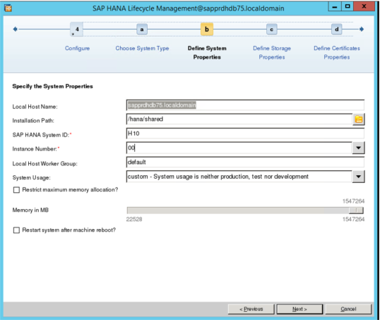 Captura de la pantalla de administración del ciclo de vida de SAP HANA con los campos de propiedades del sistema que se van a definir.