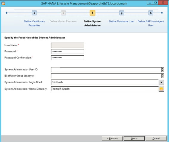 Captura de pantalla de Administración del ciclo de vida de SAP HANA con los campos de administrador del sistema que se van a definir