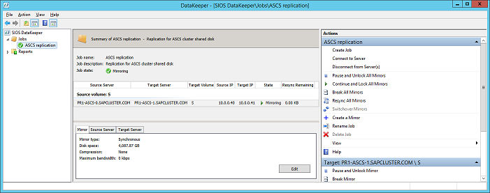 Figura 44: El reflejo sincrónico de DataKeeper para el disco compartido de ASCS/SCS de SAP está activo