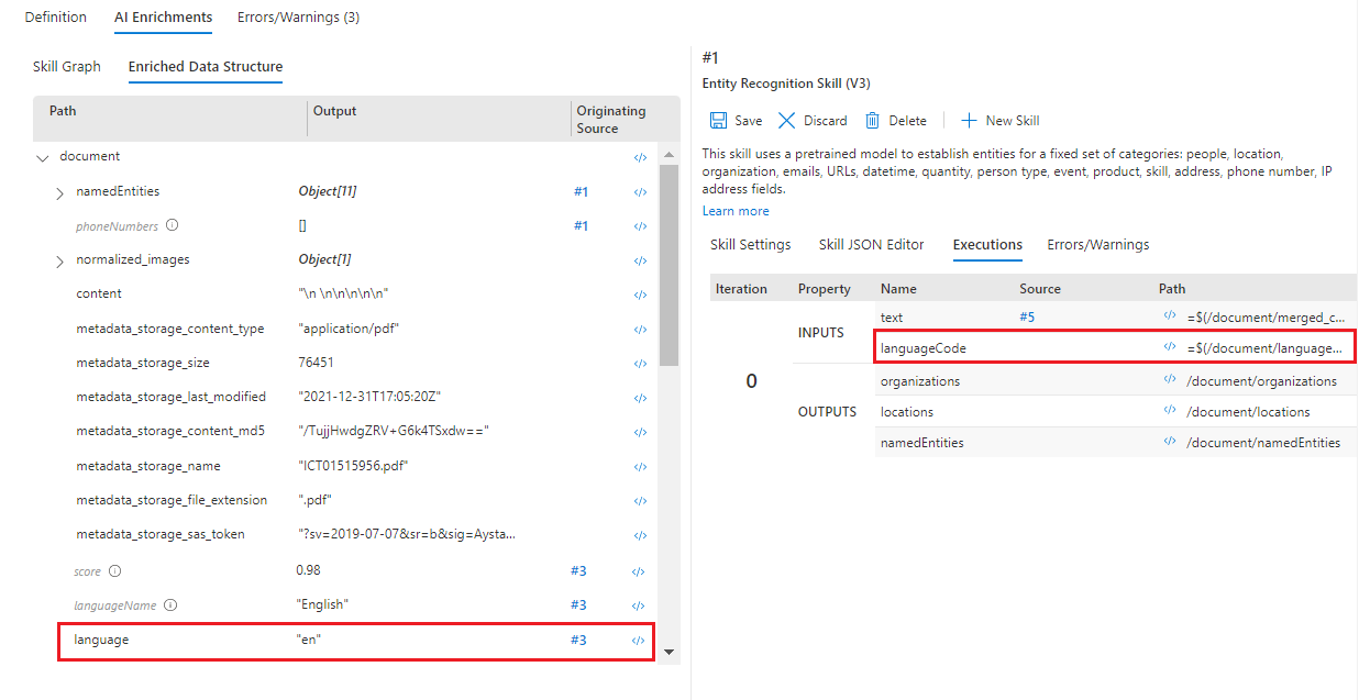 Captura de pantalla de La estructura de datos enriquecidos, con el idioma resaltado.