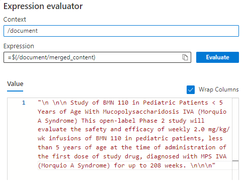 Captura de pantalla del evaluador de expresiones para la entrada de merged_content fija.