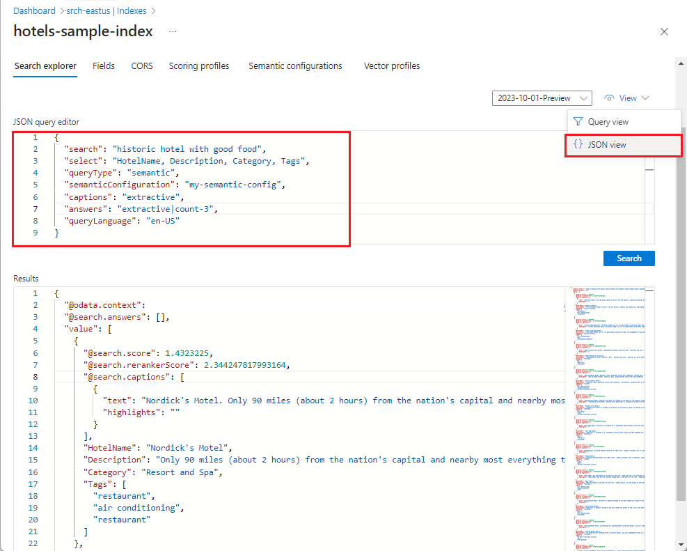 Captura de pantalla que muestra la sintaxis de consulta JSON en Azure Portal.