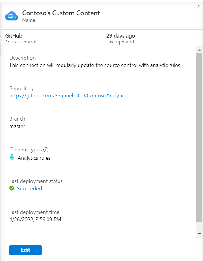 Captura de pantalla de los registros de implementación de la conexión a un repositorio de GitHub.