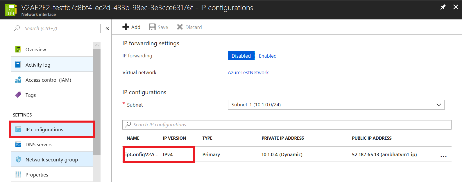 Captura de pantalla que muestra la página Configuraciones de IP de la interfaz de red con el nombre de la configuración de la IP seleccionado.