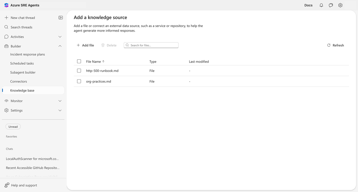 Captura de pantalla de la página Configuración de conocimiento que muestra los archivos cargados con estado indexado, columnas para Nombre de archivo, Estado, Tipo y Última modificación.
