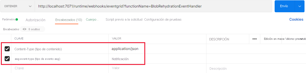 Screenshot showing header configuration for local request to trigger event