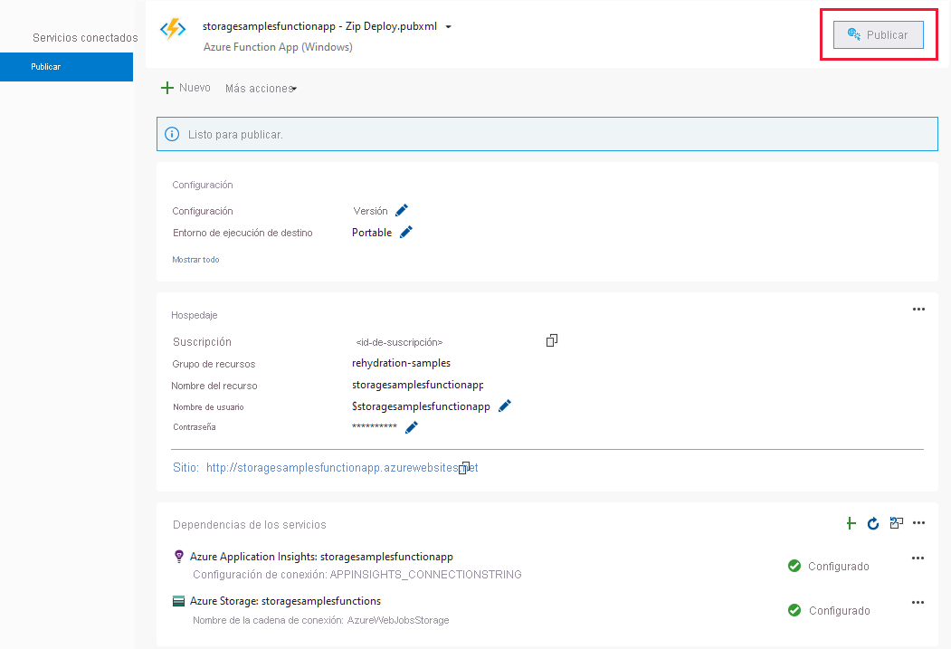 Screenshot showing page to publish Azure Function from Visual Studio