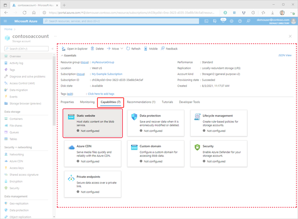 Imagen que muestra cómo acceder a la página de configuración del sitio web estático en Azure Portal