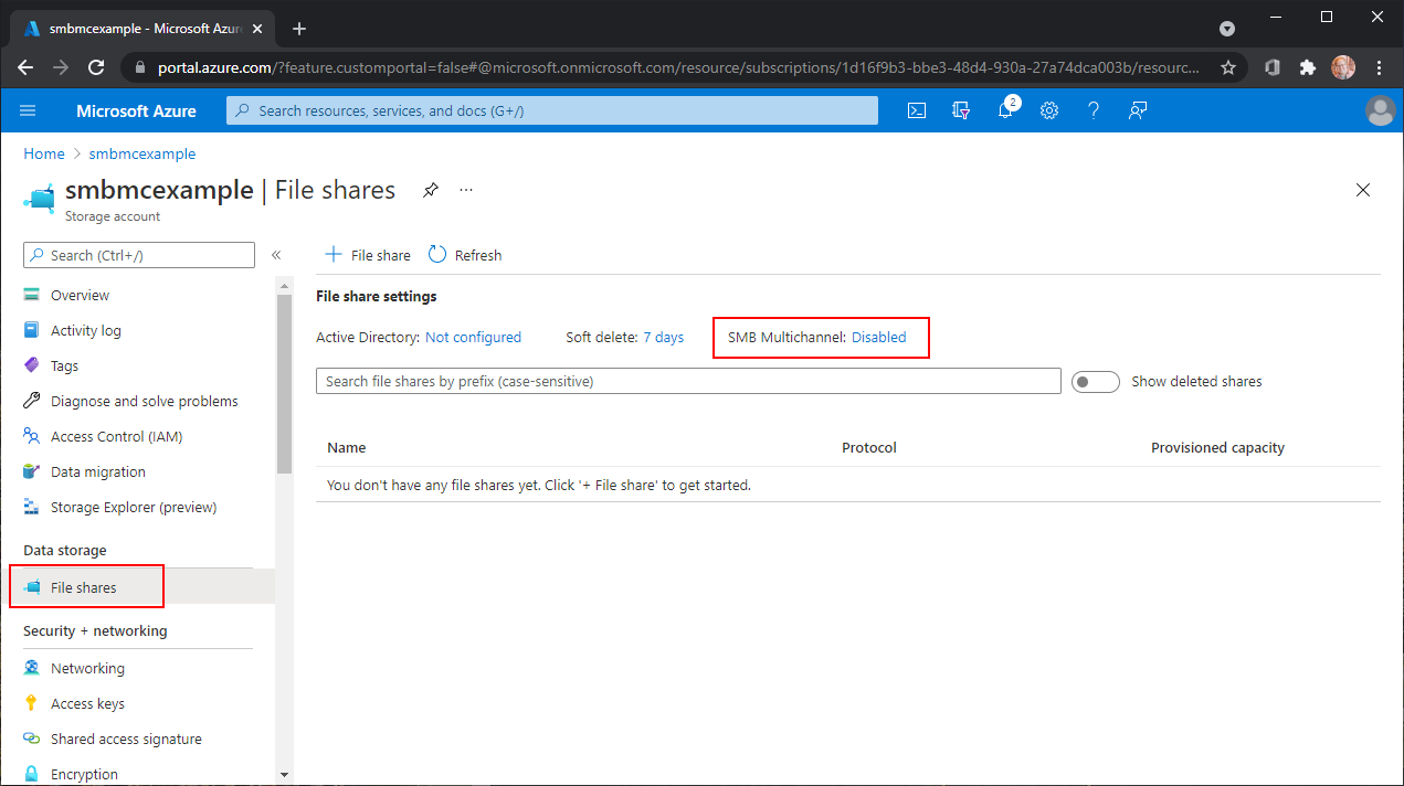 Captura de pantalla de la sección Recursos compartidos de archivos en la cuenta de almacenamiento que resalta la configuración de SMB multicanal