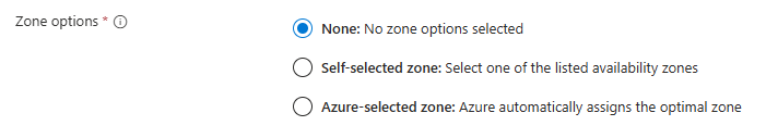 Captura de pantalla que muestra las tres opciones de ubicación zonal diferentes en Azure Portal.