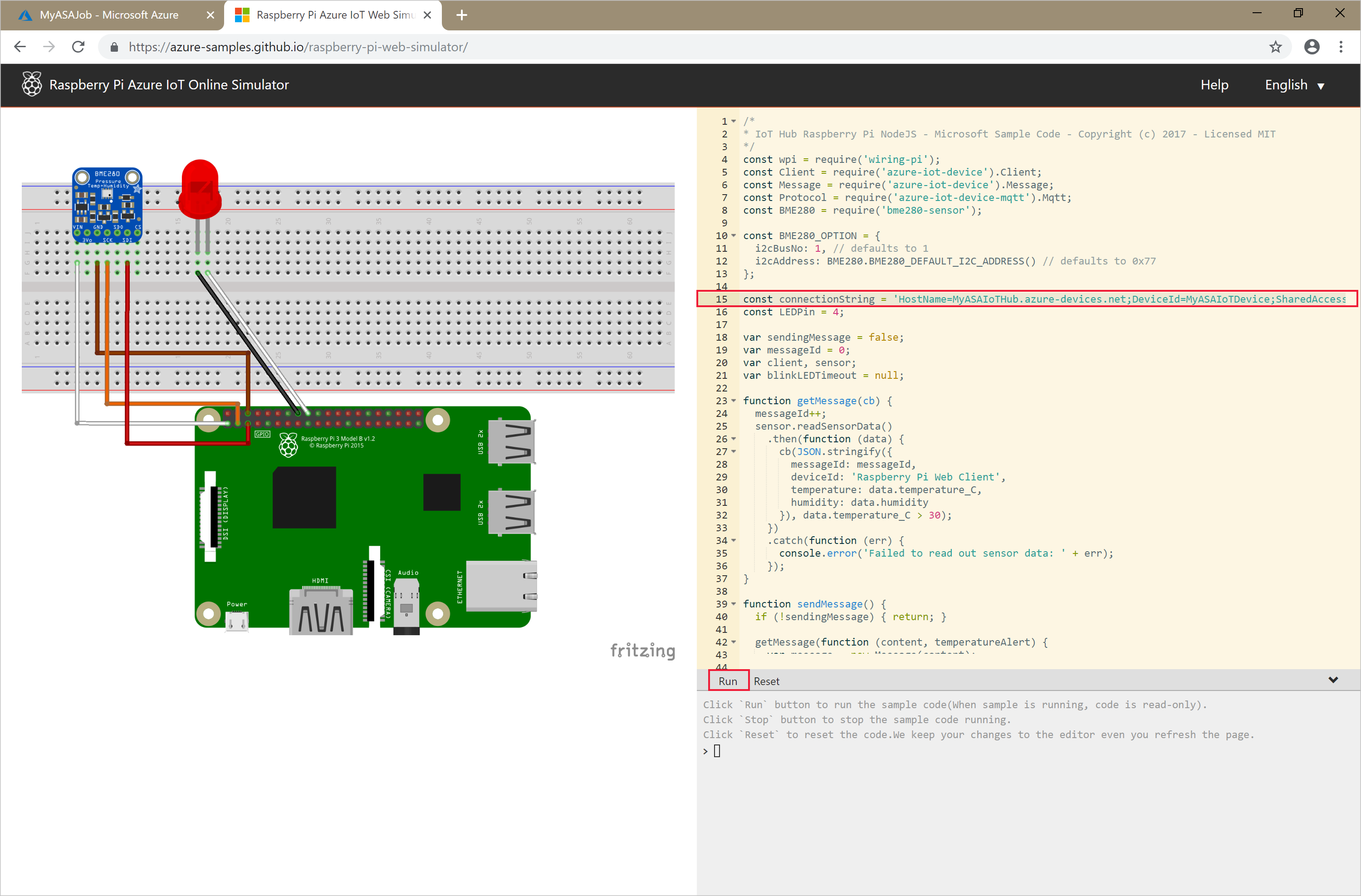 Captura de pantalla en la que se muestra el Simulador en línea de Raspberry Pi para Azure IoT.