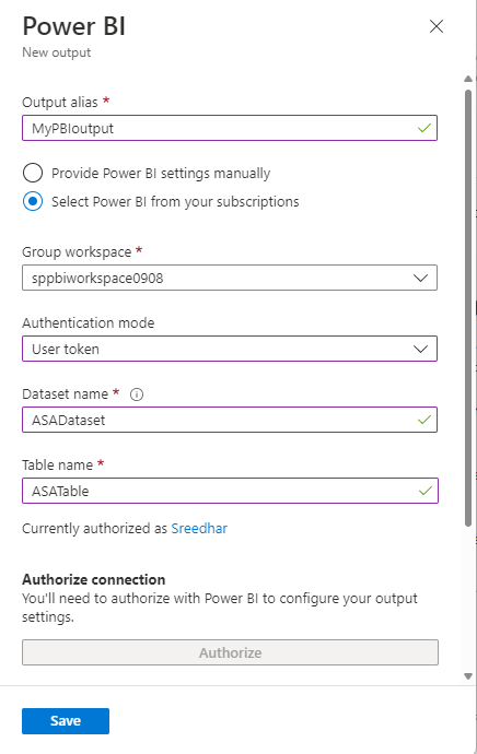 Configuración de la salida de Stream Analytics