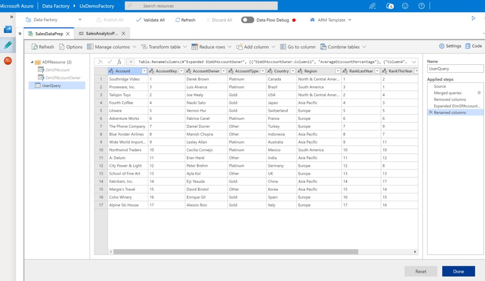 Captura de pantalla que muestra un ejemplo de limpieza y transformación de datos de Data Factory.