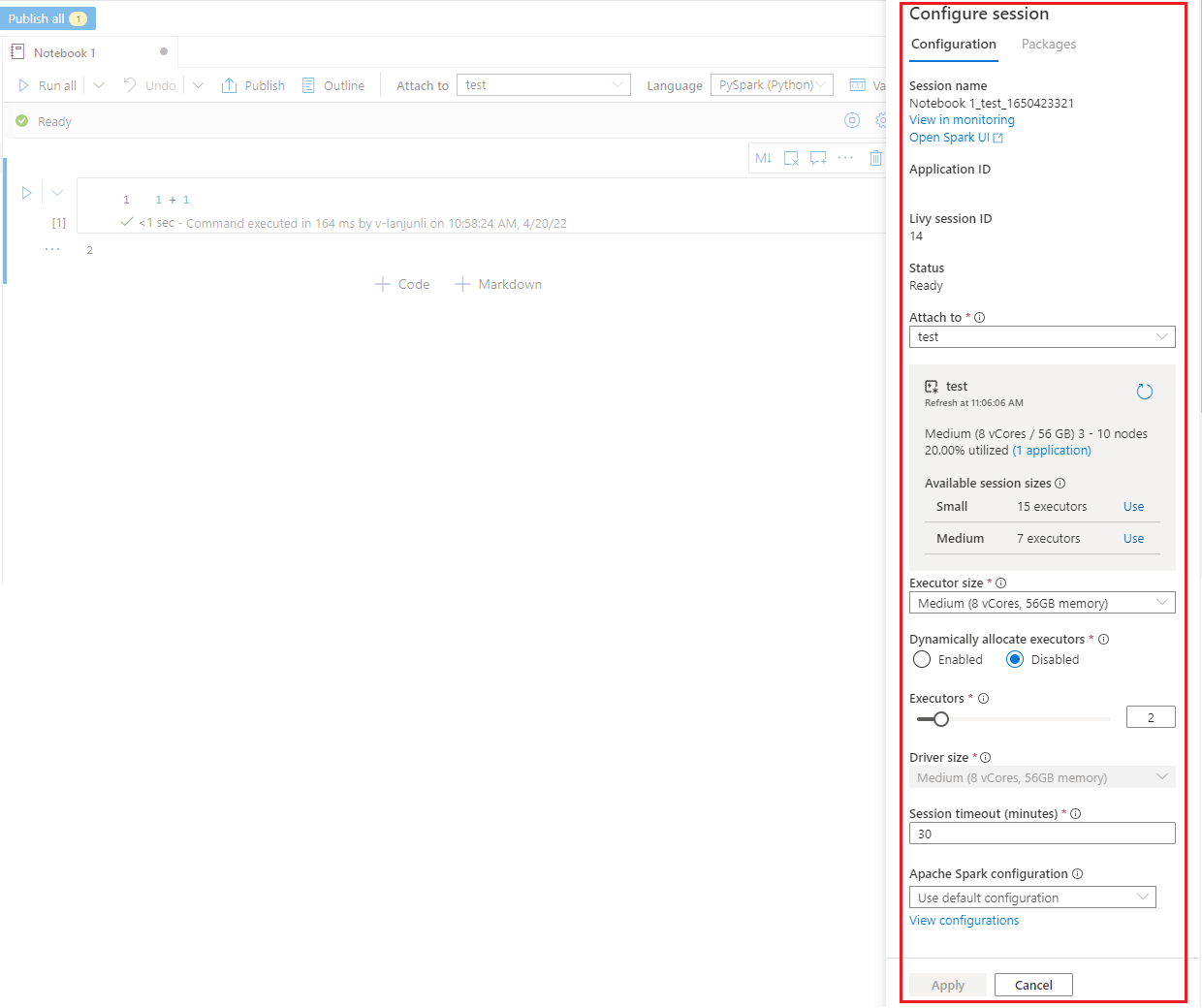 Captura de pantalla del panel para configurar una sesión en un cuaderno de Synapse.
