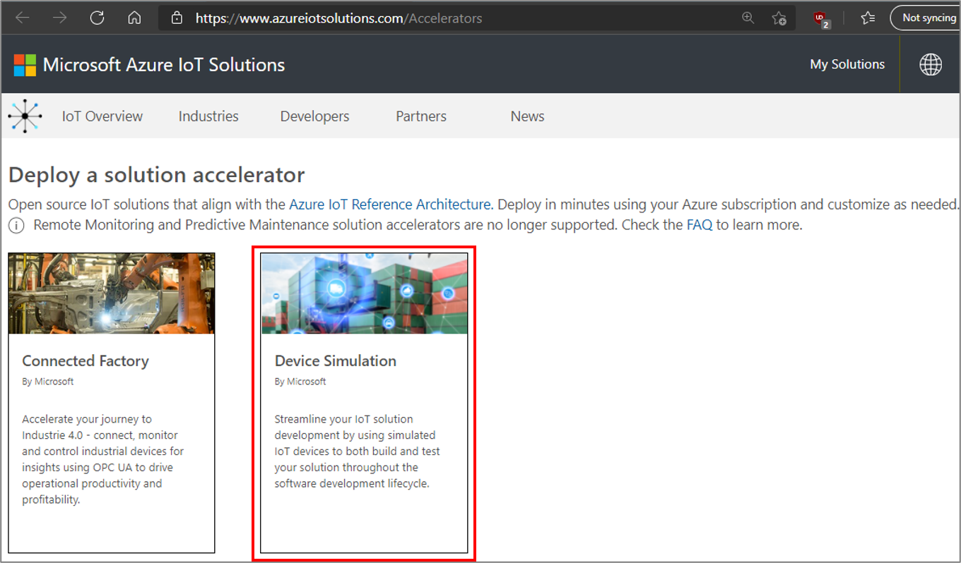 Página de aceleradores de soluciones de Azure IoT.