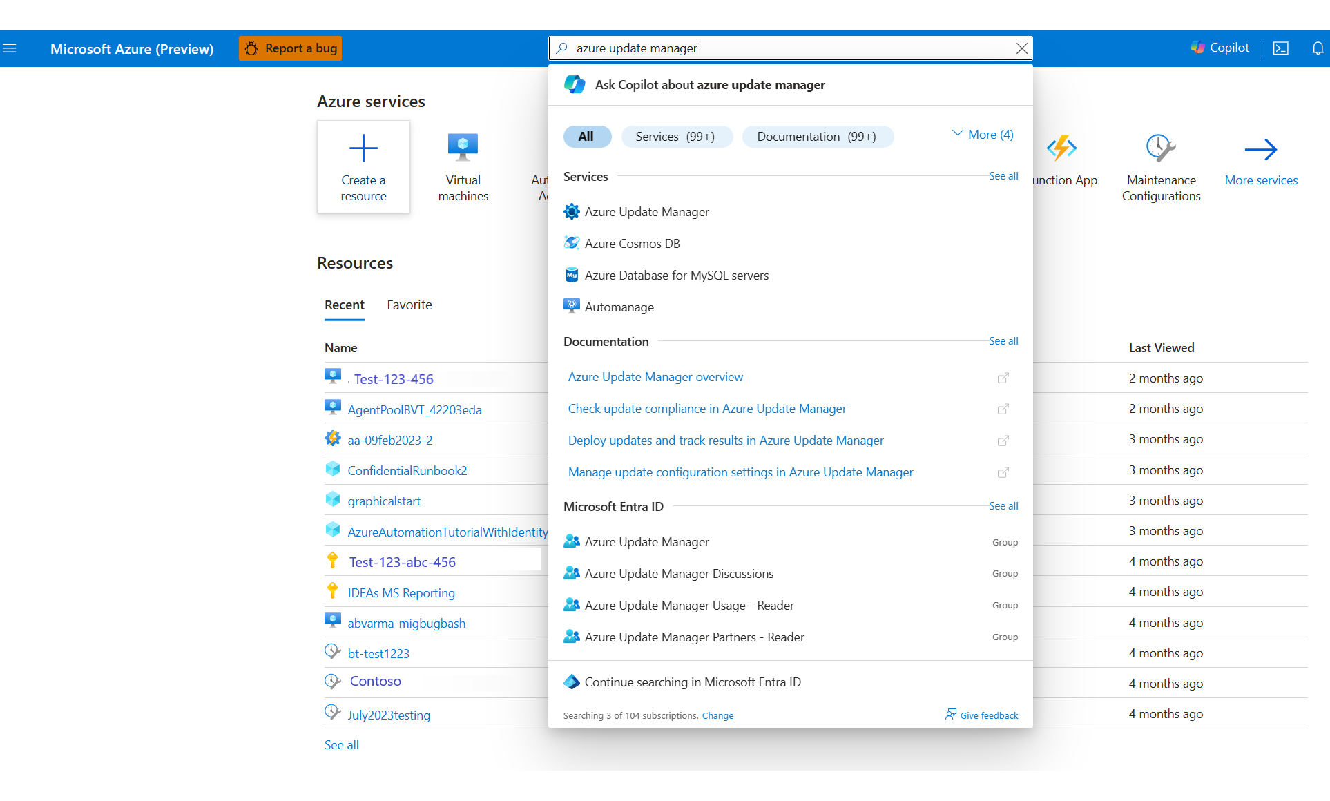 Captura de pantalla de la selección de Administrador de actualizaciones de Azure en Azure Portal.