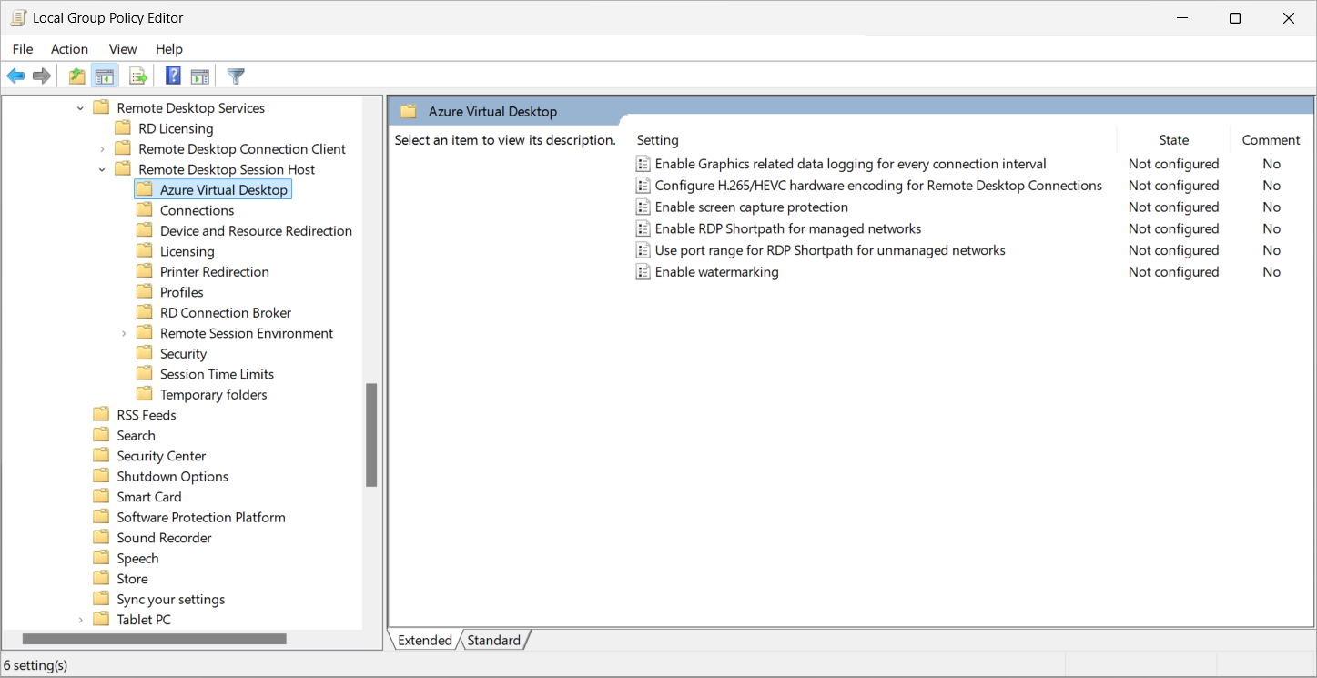 Captura de pantalla del Editor de administración de directiva de grupo que muestra la configuración de directiva de Azure Virtual Desktop.