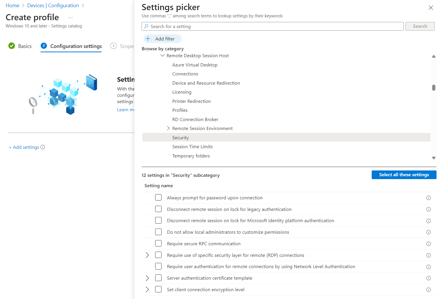 Recorte de pantalla que muestra las opciones de seguridad del host de sesión de Escritorio remoto en el portal de Microsoft Intune.