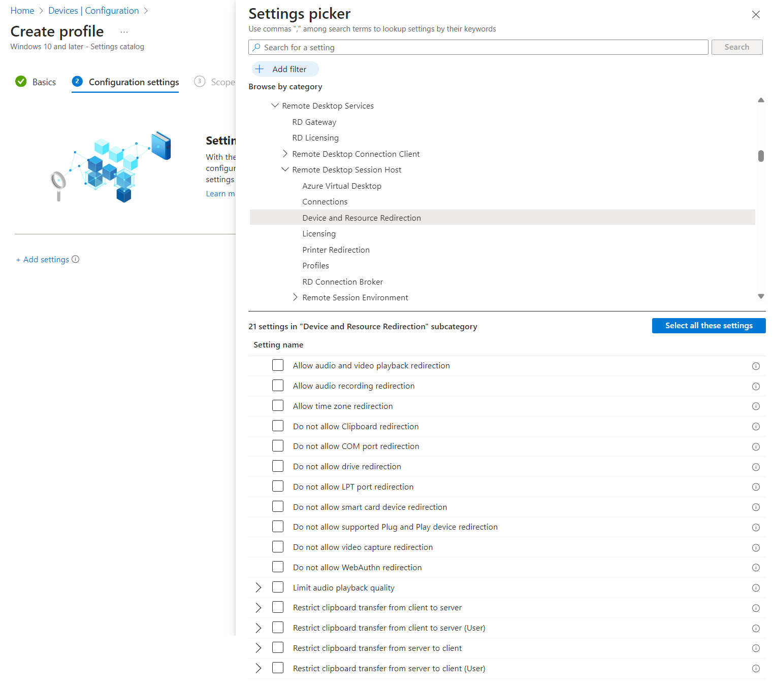 Recorte de pantalla que muestra las opciones de redireccionamiento de dispositivos y recursos en el portal de Microsoft Intune.