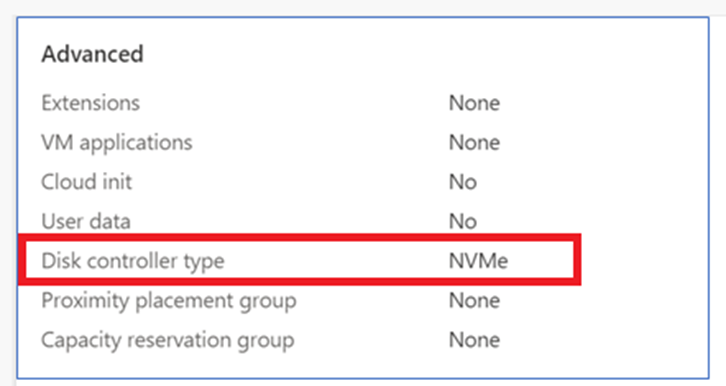 Captura de pantalla del área para revisar y comprobar las características avanzadas de una máquina virtual, incluida la característica NVMe.