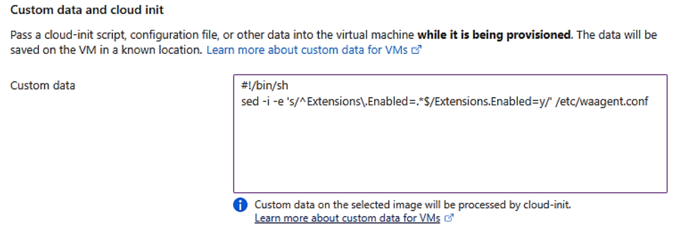 Captura de pantalla del campo de entrada de inicialización en la nube para nuevas máquinas virtuales Linux.