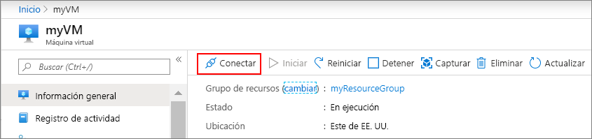 Captura de pantalla de la página de información general de la máquina virtual que muestra la ubicación del botón Conectar.