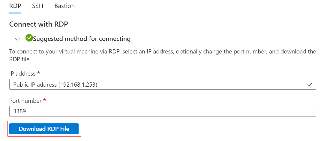 Captura de pantalla que muestra la configuración del escritorio remoto y el botón Descargar archivo RDP.