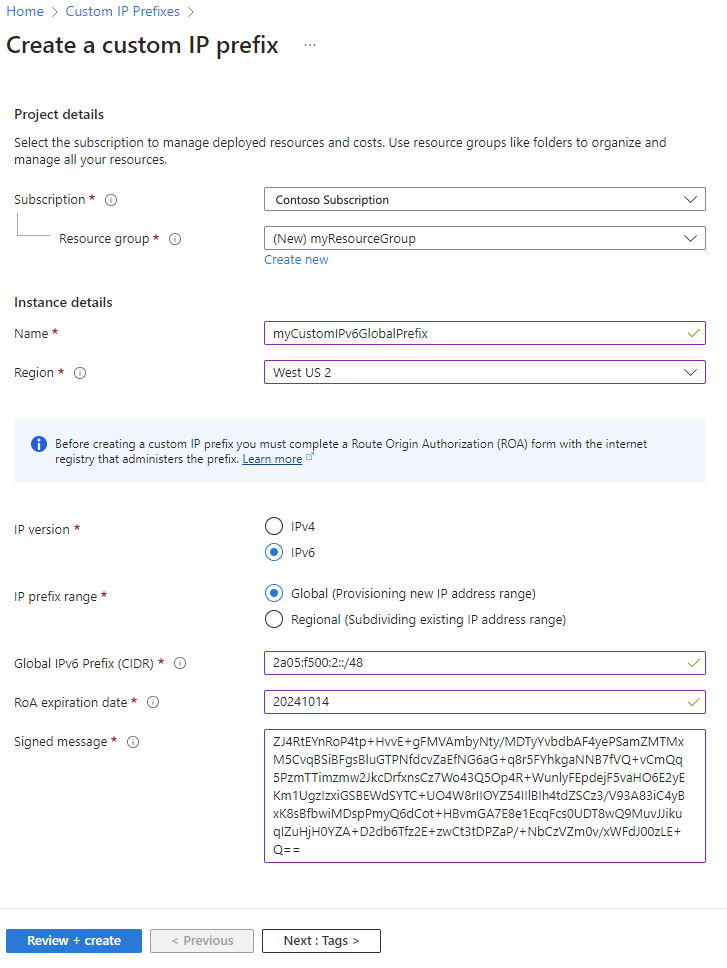 Captura de pantalla de la creación de una página de prefijo de IP personalizado en Azure Portal.