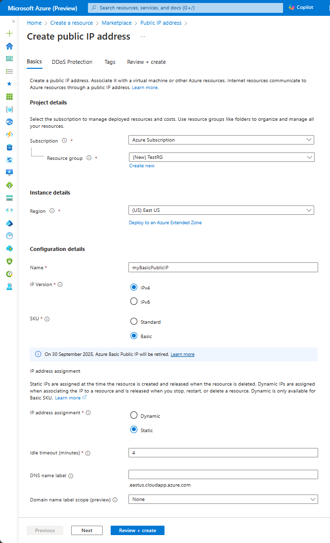 Captura de pantalla que muestra la configuración de la pestaña Aspectos básicos de la pantalla Crear dirección IP pública de un SKU básico.