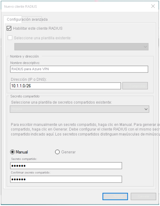 Imagen de la configuración del cliente RADIUS