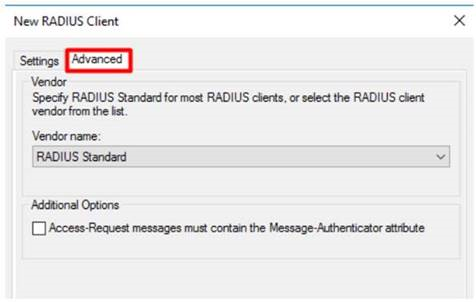 Imagen de la configuración avanzada del cliente RADIUS