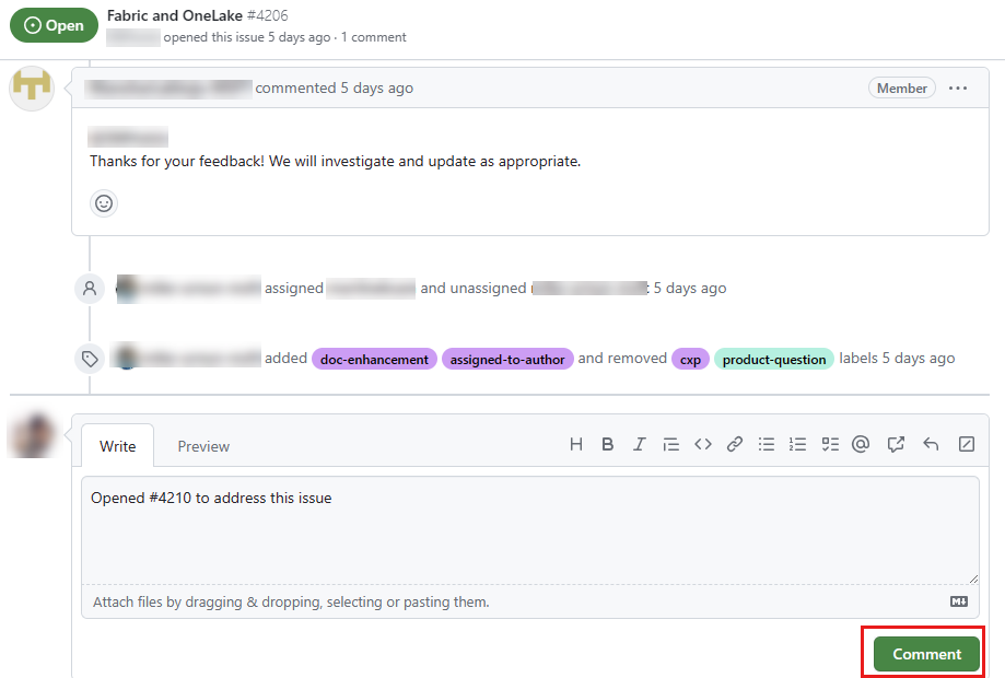 Captura de pantalla del cuadro de comentarios de la incidencia de GitHub con un vínculo a una solicitud de incorporación de cambios.