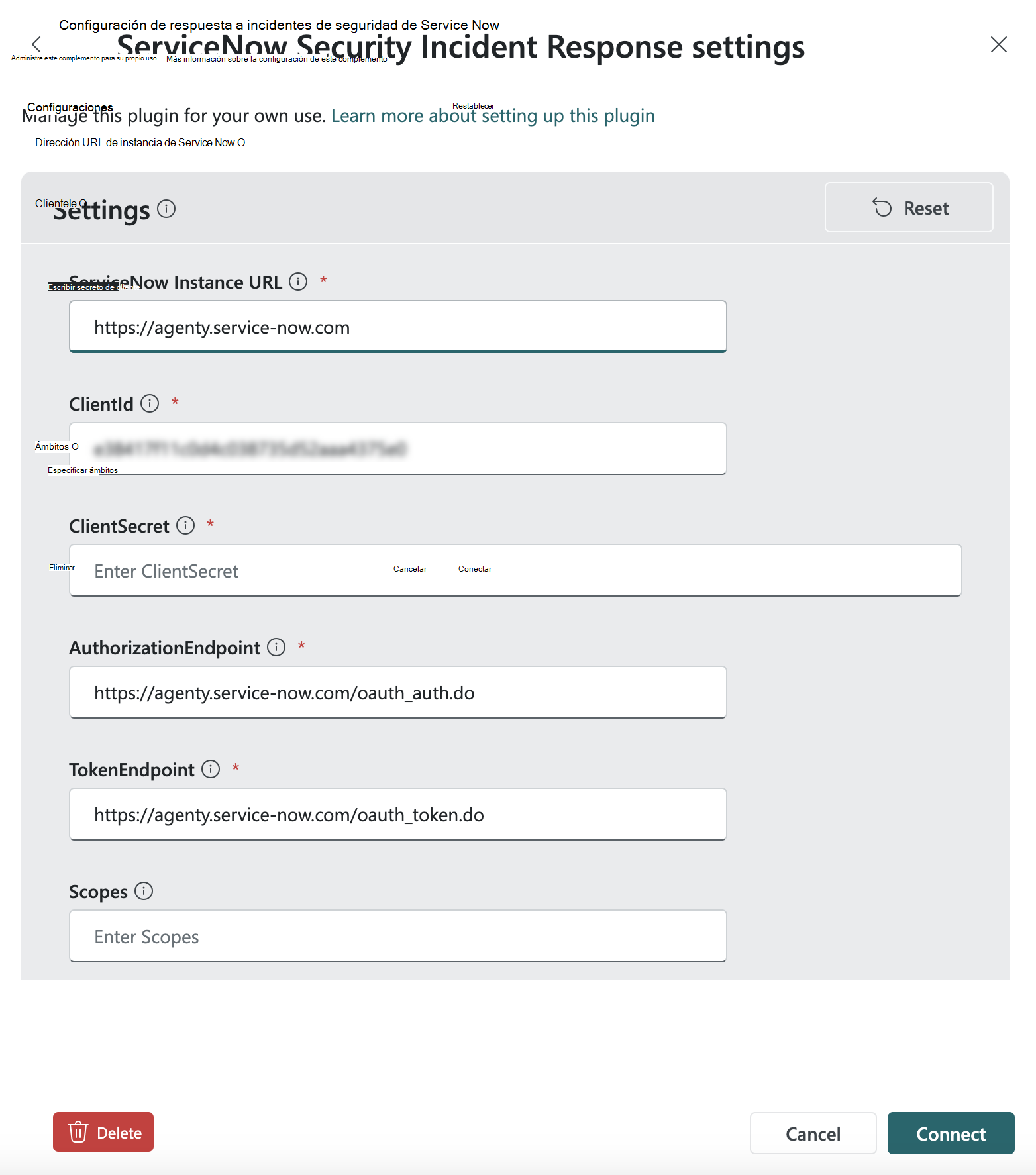 Captura de pantalla de la configuración de ServiceNowSir.