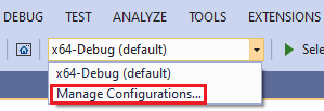 Captura de pantalla en la que se muestra el valor Administrar configuraciones de CMake resaltado en el menú desplegable de configuración.