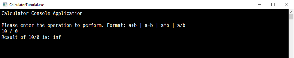 Captura de pantalla de la consola de depuración de Visual Studio que muestra el resultado de una operación de división por cero.