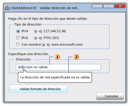 Cuadro de diálogo con un control de direcciones de red e información sobre información. Cuadro de diálogo con un control de direcciones de red e información sobre información.