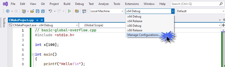Captura de pantalla de la lista desplegable de configuraciones de CMake. Muestra opciones como x64 Depuración, x64 Release, etc. En la parte inferior de la lista, Administrar configuraciones... está resaltado.