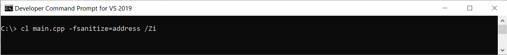 Captura de pantalla de un símbolo del sistema que muestra el comando para compilar con las opciones AddressSanitizer. El comando es: «cl main.cpp -fsanitize=address /Zi».